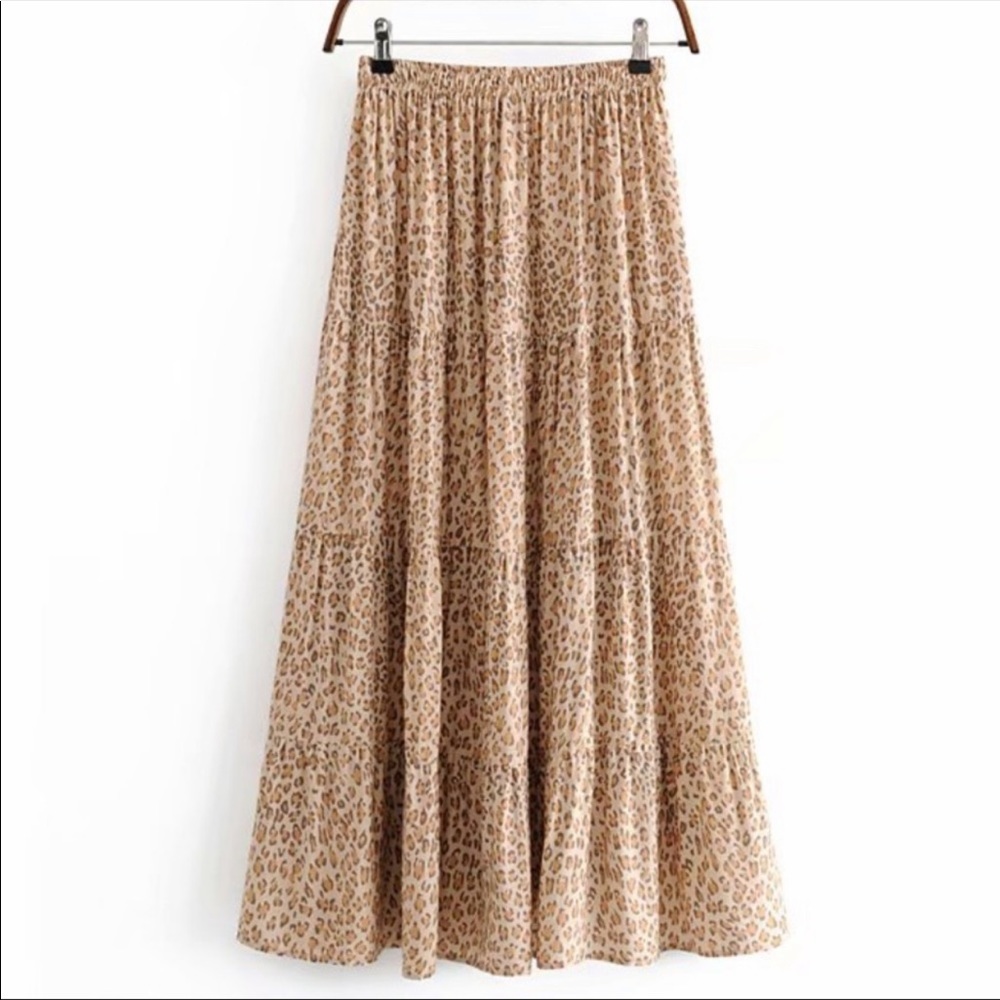 Boho leopard print maxi skirt tiered cinch - Picture 4 of 8